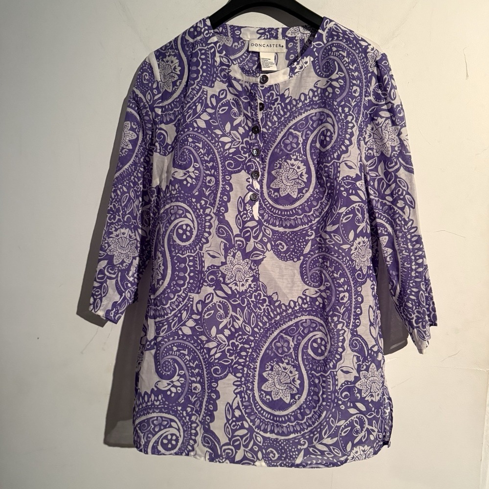 Doncaster Collection Size 4‎ Floral Cotton Silk Blouse Button Purple 3/4 Sleeve